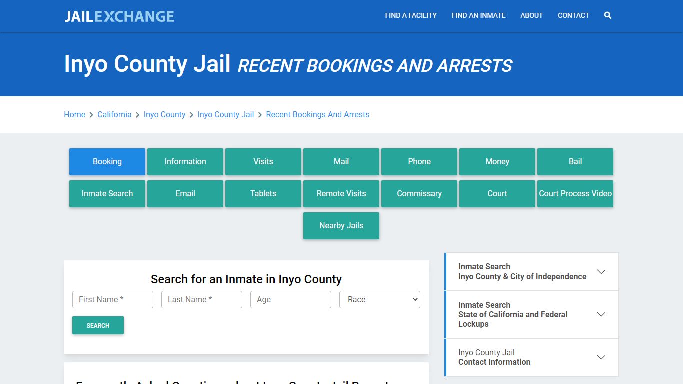 Inyo County Jail Recent Bookings And Arrests - Jail Exchange